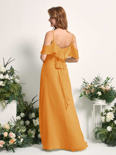 Carlyna Robe Trapèze Épaule Dénudée Longueur ras du sol Mousseline Demoiselle d'honneur Mangue #couleur_mangue