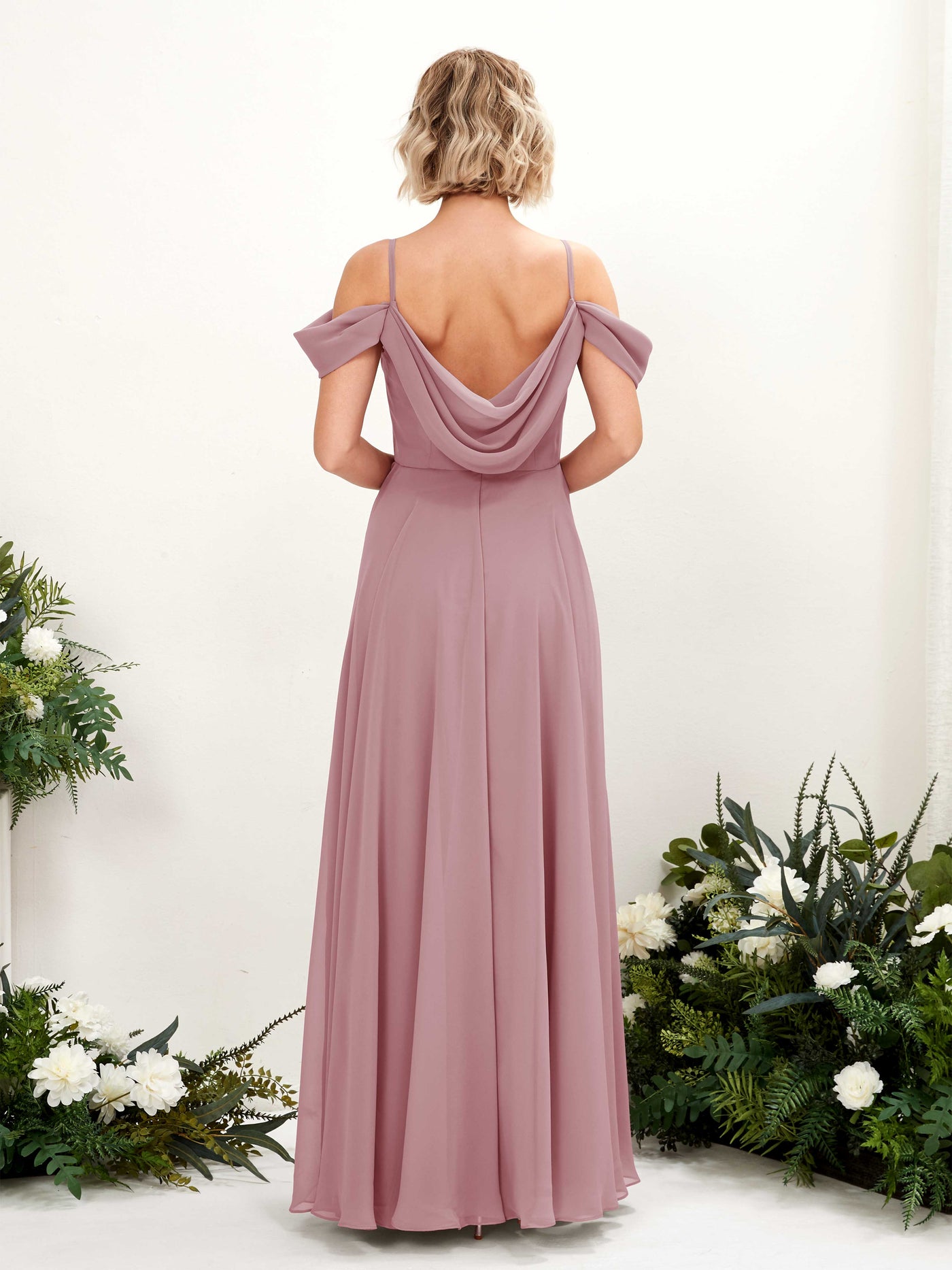 Carlyna Robe trapèze Épaule Dénudée Longueur ras du sol Mousseline demoiselle d'honneur Mauve Vintage #couleur_mauve-vintage