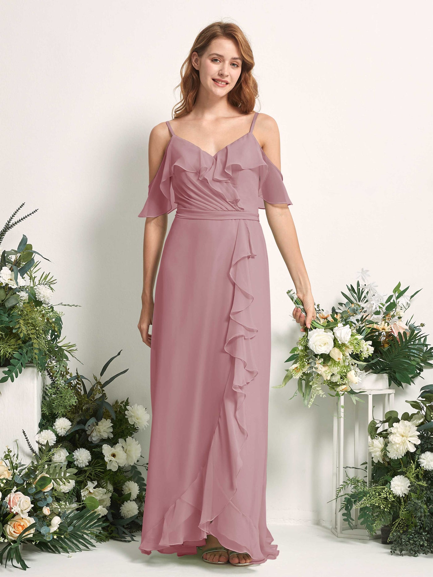 Carlyna Robe Trapèze Épaule Dénudée Longueur ras du sol Mousseline Demoiselle d'honneur Mauve Vintage #couleur_mauve-vintage