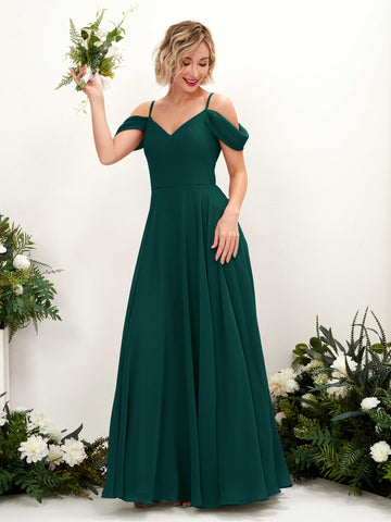 Carlyna Robe trapèze Épaule Dénudée Longueur ras du sol Mousseline demoiselle d'honneur Émeraude Foncé #couleur_meraude-fonc