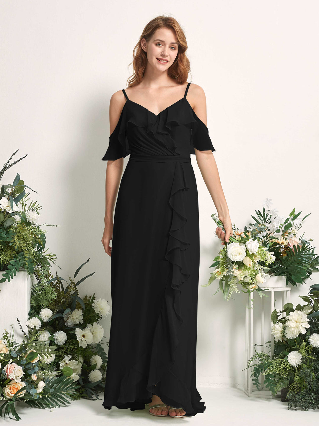 Carlyna Robe Trapèze Épaule Dénudée Longueur ras du sol Mousseline Demoiselle d&