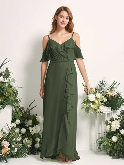 Carlyna Robe Trapèze Épaule Dénudée Longueur ras du sol Mousseline Demoiselle d'honneur Olive Martini #couleur_olive-martini