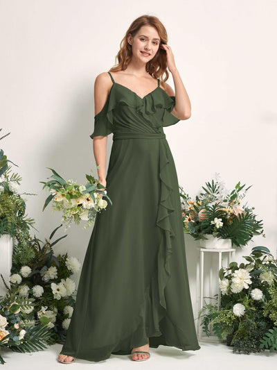 Carlyna Robe Trapèze Épaule Dénudée Longueur ras du sol Mousseline Demoiselle d'honneur Olive Martini #couleur_olive-martini