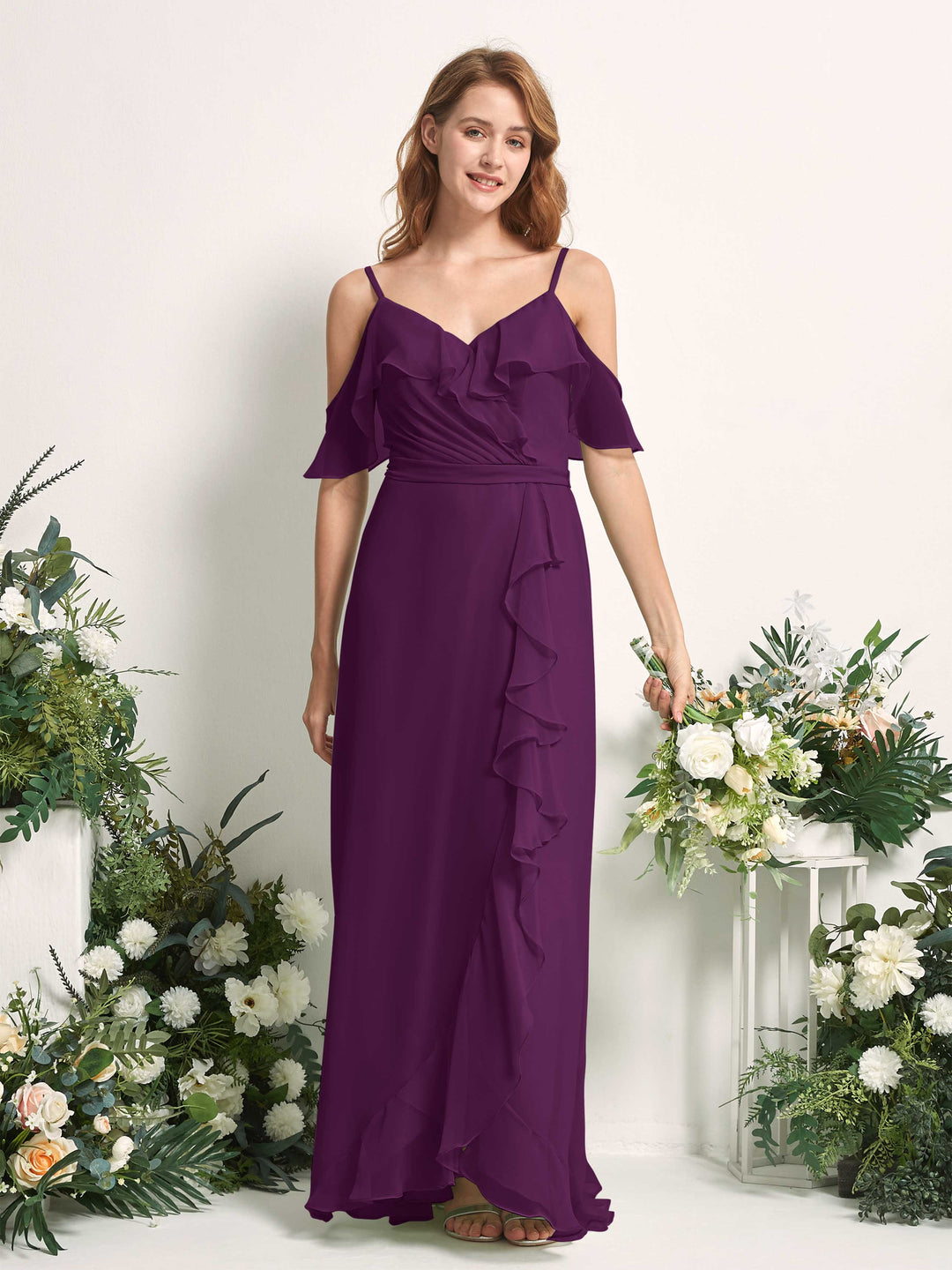 Carlyna Robe Trapèze Épaule Dénudée Longueur ras du sol Mousseline Demoiselle d&