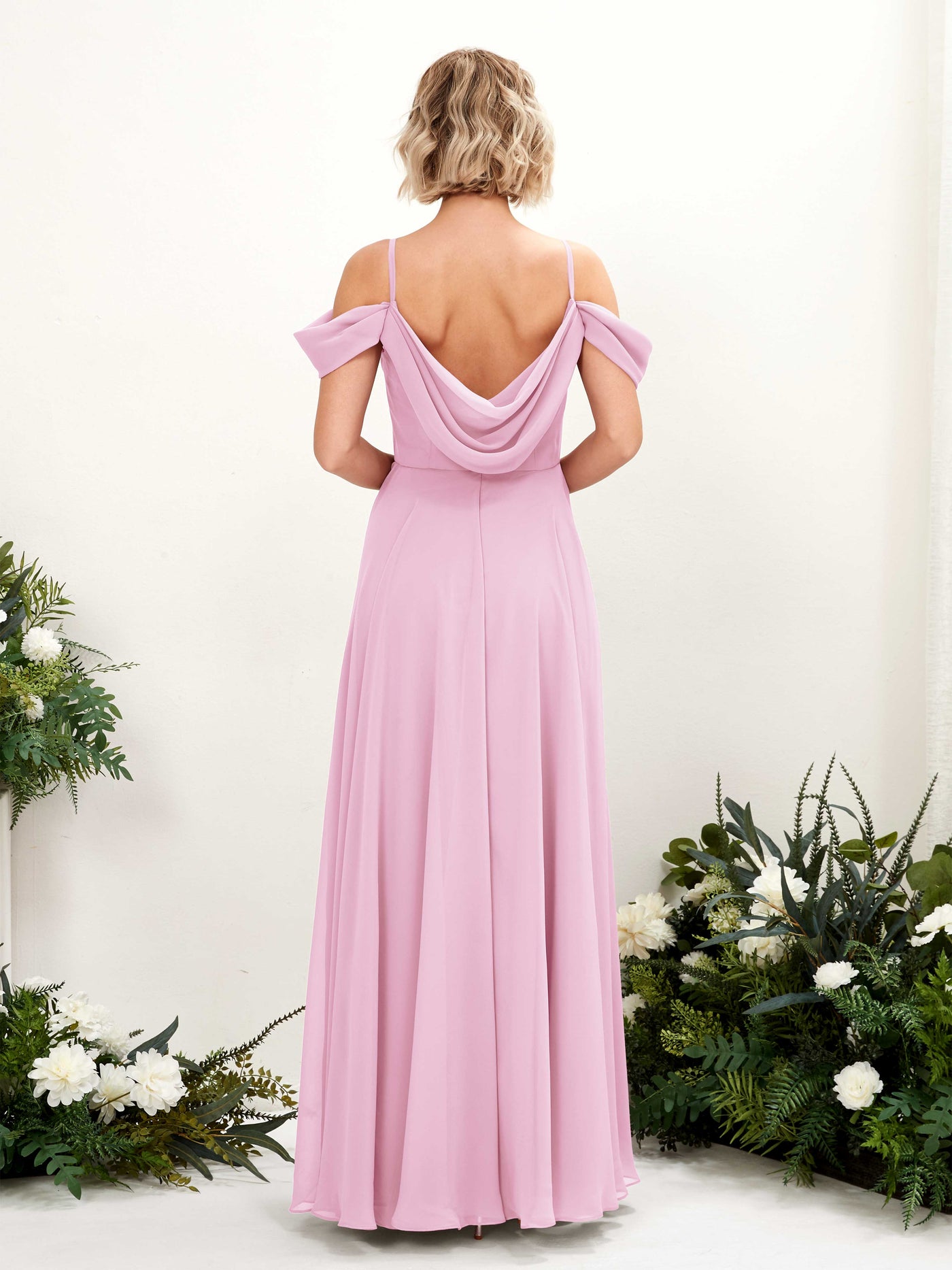 Carlyna Robe trapèze Épaule Dénudée Longueur ras du sol Mousseline demoiselle d'honneur Rose Bonbon #couleur_rose-bonbon