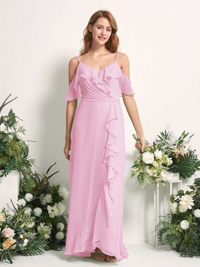 Carlyna Robe Trapèze Épaule Dénudée Longueur ras du sol Mousseline Demoiselle d'honneur Rose Bonbon #couleur_rose-bonbon