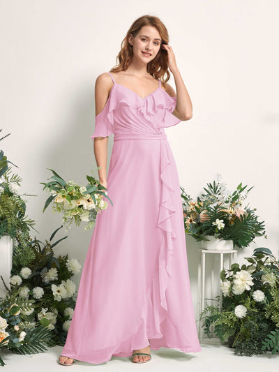 Carlyna Robe Trapèze Épaule Dénudée Longueur ras du sol Mousseline Demoiselle d'honneur Rose Bonbon #couleur_rose-bonbon