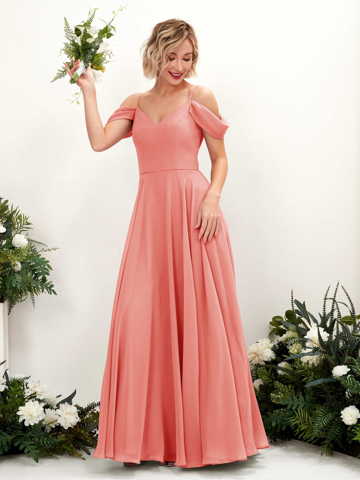 Carlyna Robe trapèze Épaule Dénudée Longueur ras du sol Mousseline demoiselle d'honneur Rose Pêche #couleur_rose-p-che