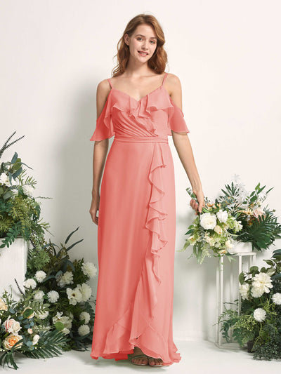 Carlyna Robe Trapèze Épaule Dénudée Longueur ras du sol Mousseline Demoiselle d'honneur Rose Pêche #couleur_rose-p-che