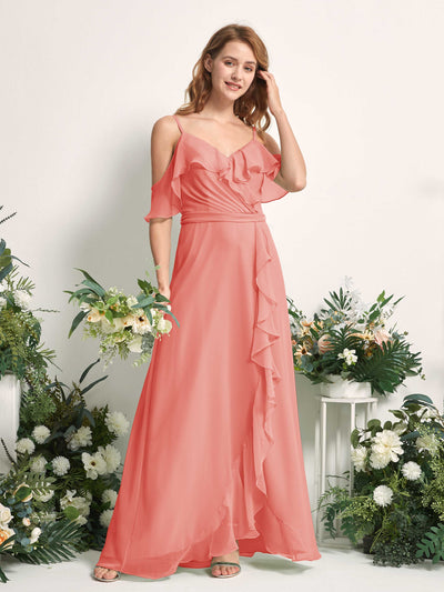 Carlyna Robe Trapèze Épaule Dénudée Longueur ras du sol Mousseline Demoiselle d'honneur Rose Pêche #couleur_rose-p-che