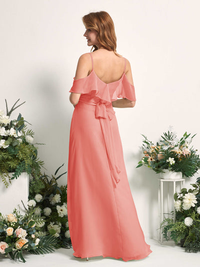 Carlyna Robe Trapèze Épaule Dénudée Longueur ras du sol Mousseline Demoiselle d'honneur Rose Pêche #couleur_rose-p-che