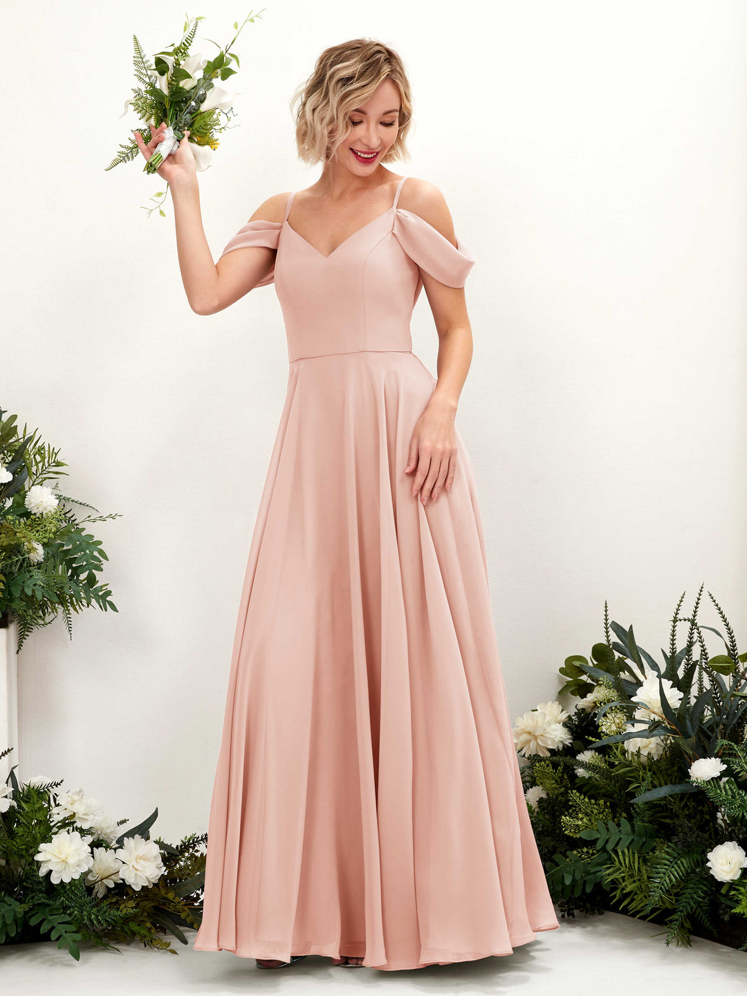 Carlyna Robe trapèze Épaule Dénudée Longueur ras du sol Mousseline demoiselle d&