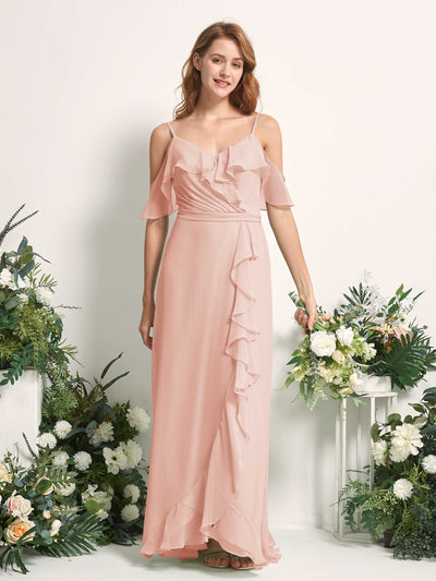 Carlyna Robe Trapèze Épaule Dénudée Longueur ras du sol Mousseline Demoiselle d'honneur Rose Perle #couleur_rose-perle