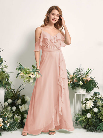 Carlyna Robe Trapèze Épaule Dénudée Longueur ras du sol Mousseline Demoiselle d'honneur Rose Perle #couleur_rose-perle