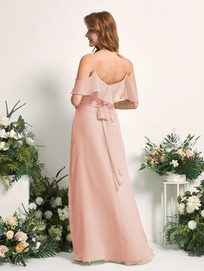 Carlyna Robe Trapèze Épaule Dénudée Longueur ras du sol Mousseline Demoiselle d'honneur Rose Perle #couleur_rose-perle