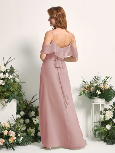 Carlyna Robe Trapèze Épaule Dénudée Longueur ras du sol Mousseline Demoiselle d'honneur Rose Poussiéreux #couleur_rose-poussi-reux