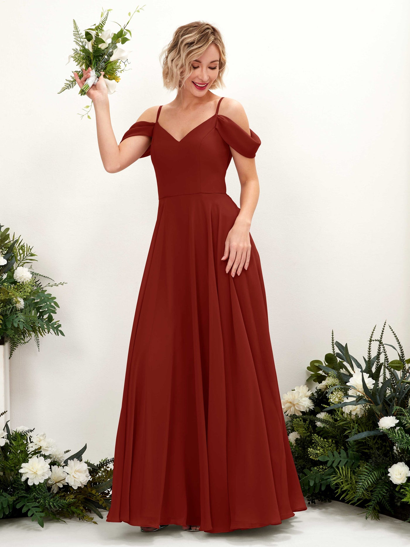 Carlyna Robe trapèze Épaule Dénudée Longueur ras du sol Mousseline demoiselle d'honneur Rouille #couleur_rouille