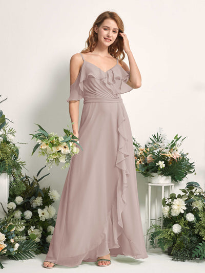 Carlyna Robe Trapèze Épaule Dénudée Longueur ras du sol Mousseline Demoiselle d'honneur Taupe #couleur_taupe