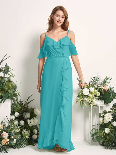 Carlyna Robe Trapèze Épaule Dénudée Longueur ras du sol Mousseline Demoiselle d'honneur Turquoise #couleur_turquoise