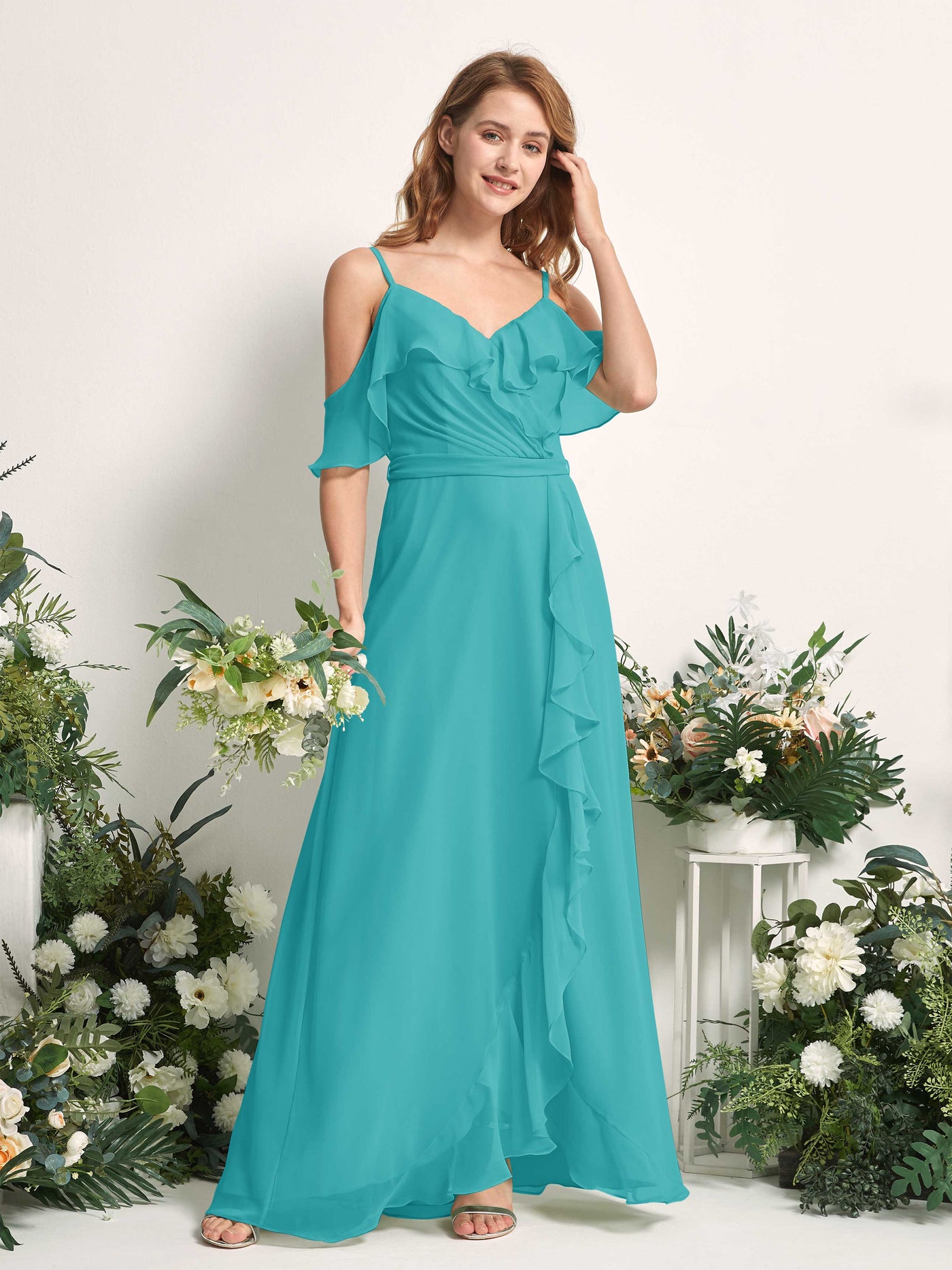 Carlyna Robe Trapèze Épaule Dénudée Longueur ras du sol Mousseline Demoiselle d'honneur Turquoise #couleur_turquoise