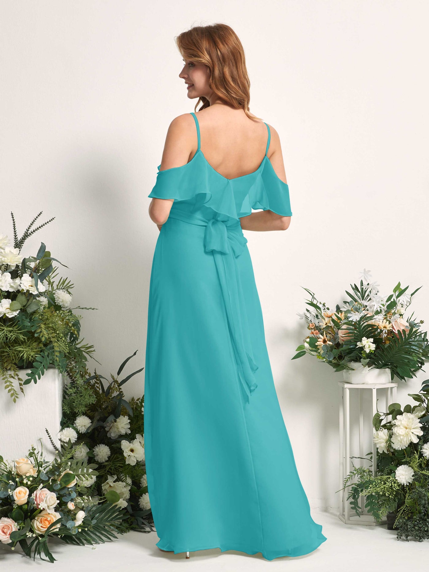 Carlyna Robe Trapèze Épaule Dénudée Longueur ras du sol Mousseline Demoiselle d'honneur Turquoise #couleur_turquoise