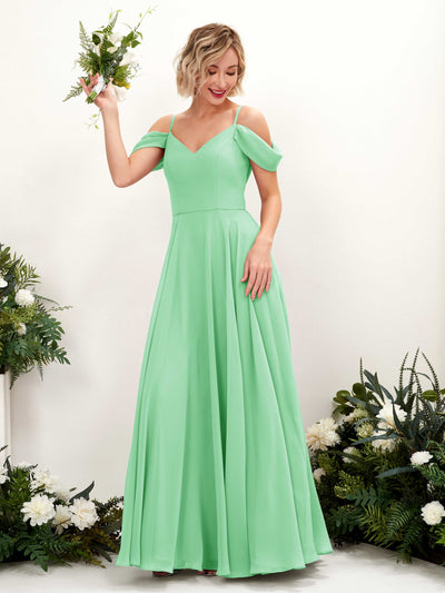 Carlyna Robe trapèze Épaule Dénudée Longueur ras du sol Mousseline demoiselle d'honneur Vert Menthe #couleur_vert-menthe