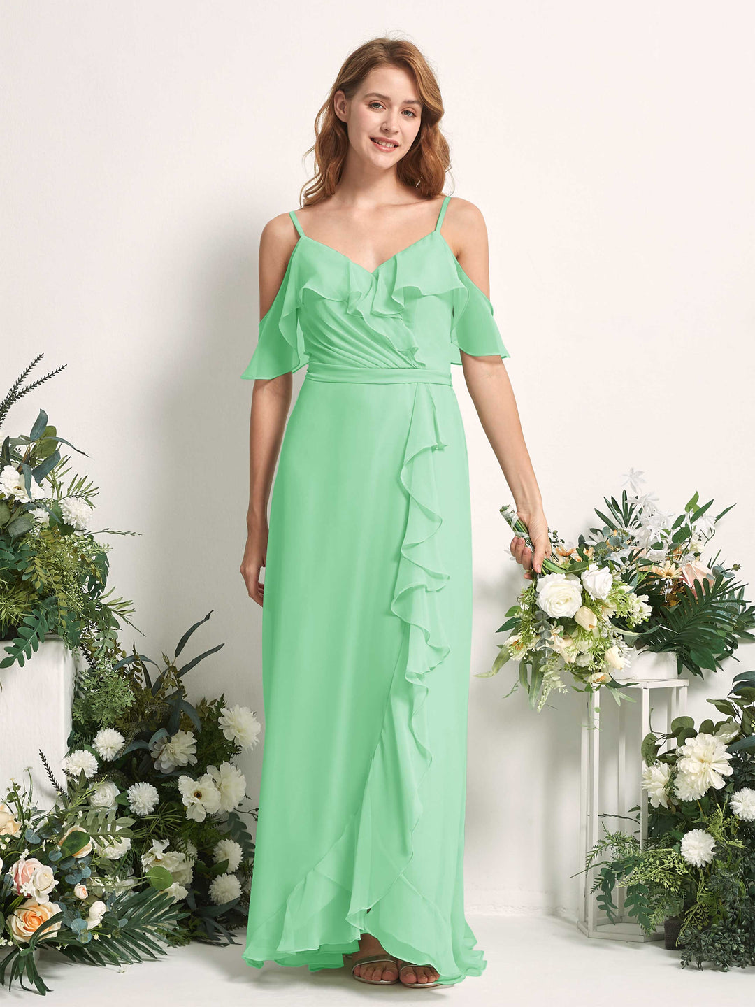 Carlyna Robe Trapèze Épaule Dénudée Longueur ras du sol Mousseline Demoiselle d&