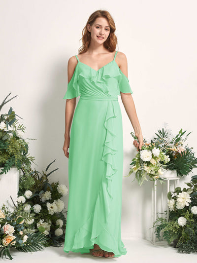 Carlyna Robe Trapèze Épaule Dénudée Longueur ras du sol Mousseline Demoiselle d'honneur Vert Menthe #couleur_vert-menthe