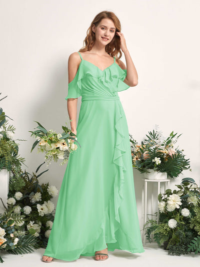 Carlyna Robe Trapèze Épaule Dénudée Longueur ras du sol Mousseline Demoiselle d'honneur Vert Menthe #couleur_vert-menthe