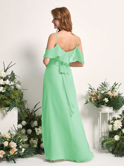Carlyna Robe Trapèze Épaule Dénudée Longueur ras du sol Mousseline Demoiselle d'honneur Vert Menthe #couleur_vert-menthe