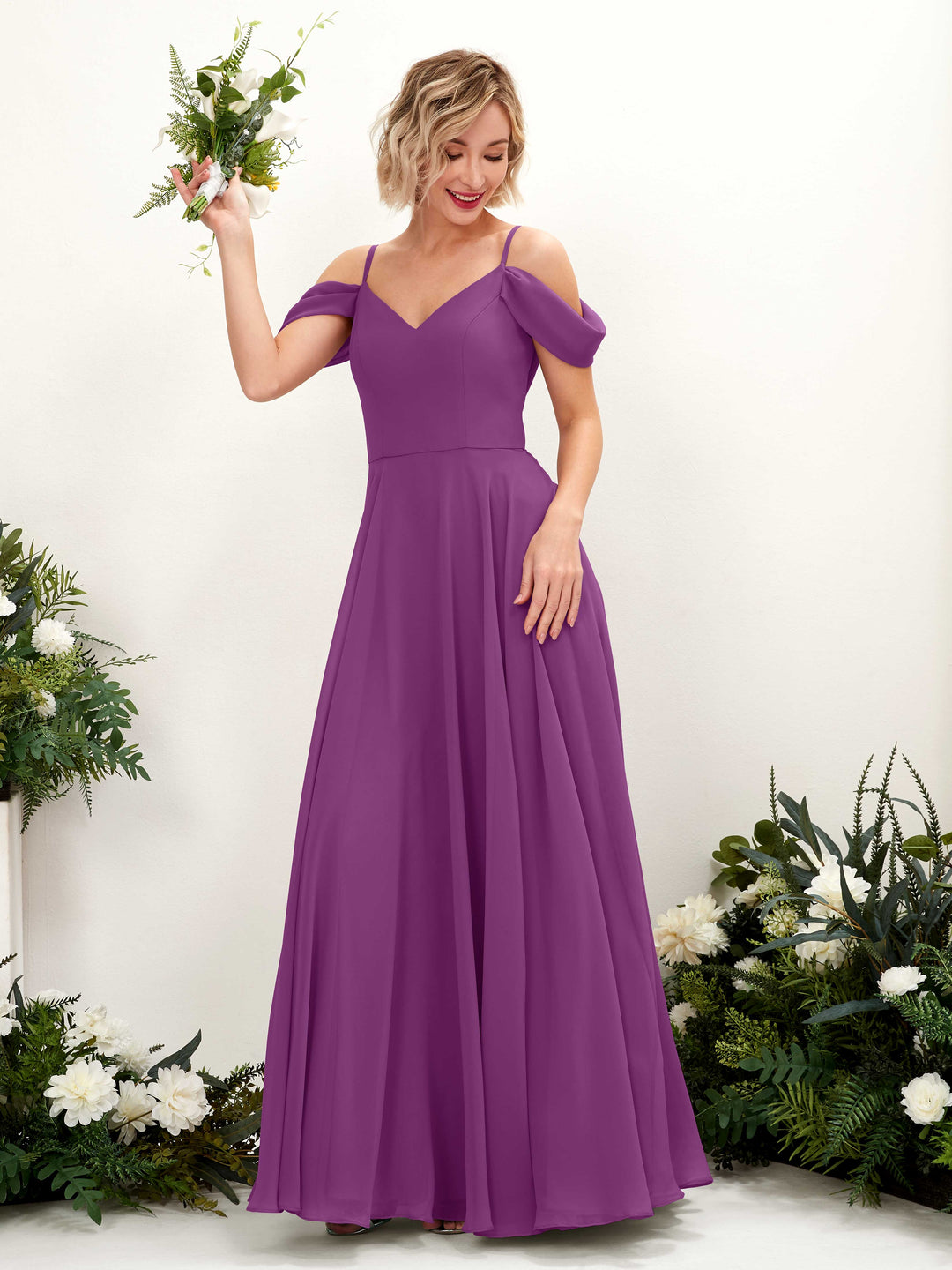 Carlyna Robe trapèze Épaule Dénudée Longueur ras du sol Mousseline demoiselle d&