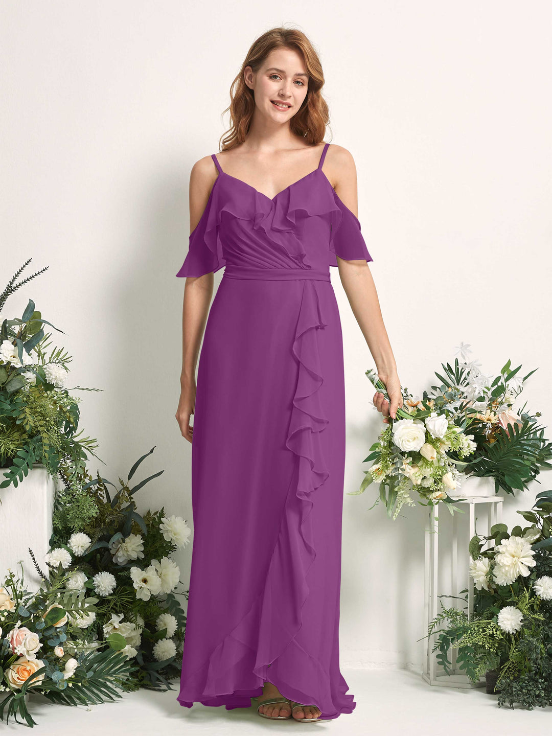 Carlyna Robe Trapèze Épaule Dénudée Longueur ras du sol Mousseline Demoiselle d&