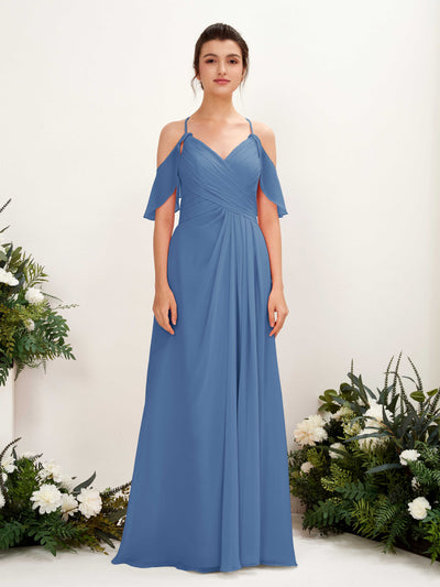 Carlyna Robe Trapèze Épaule Dénudée Longueur ras du sol Robes de demoiselle d'honneur Bleu Poussiéreux #couleur_bleu-poussi-reux