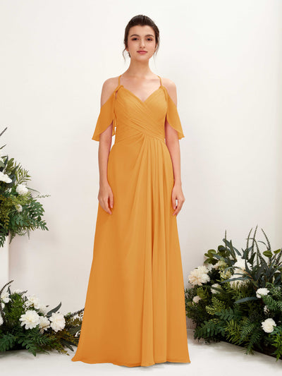 Carlyna Robe Trapèze Épaule Dénudée Longueur ras du sol Robes de demoiselle d'honneur Mangue #couleur_mangue