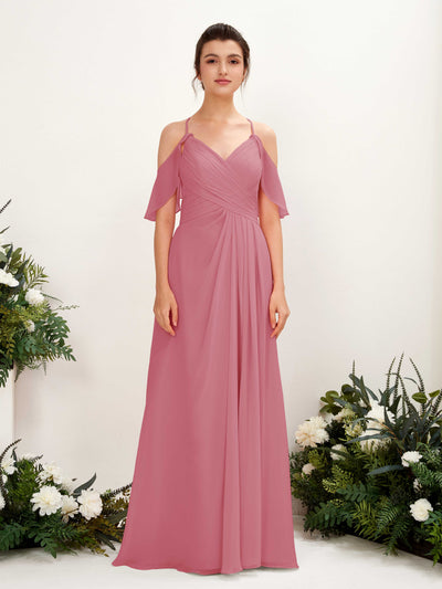 Carlyna Robe Trapèze Épaule Dénudée Longueur ras du sol Robes de demoiselle d'honneur Rose Du Désert #couleur_rose-du-d-sert