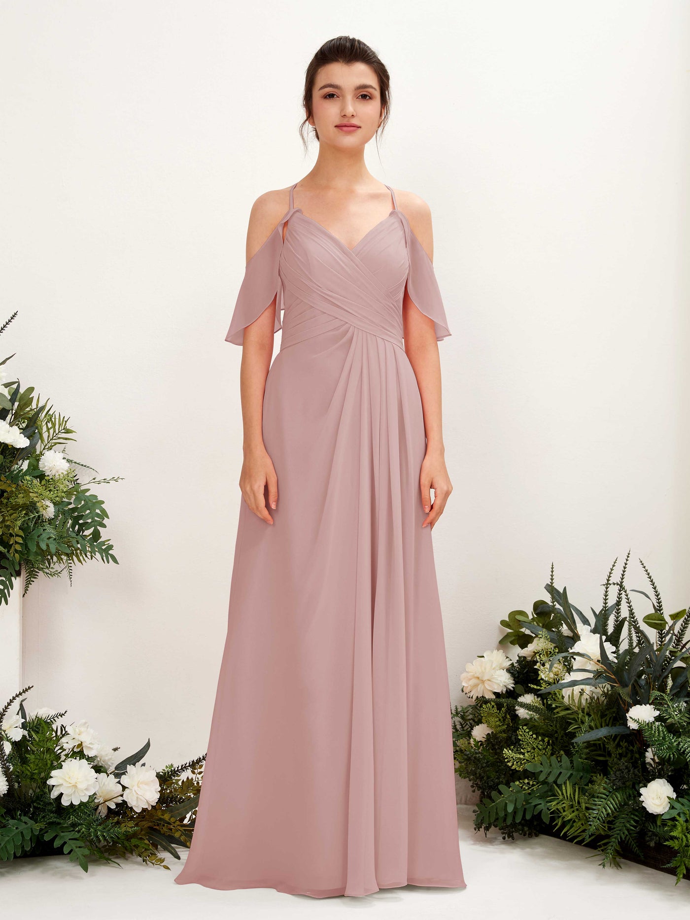 Carlyna Robe Trapèze Épaule Dénudée Longueur ras du sol Robes de demoiselle d'honneur Rose Poussiéreux #couleur_rose-poussi-reux