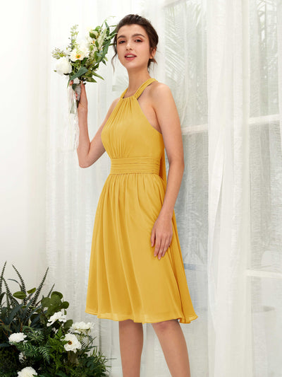 Carlyna Robe trapèze licou longueur genou mousseline froncé demoiselle d'honneur Jaune Moutard #couleur_jaune-moutard