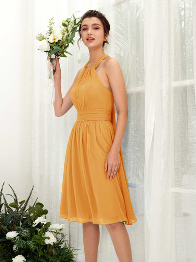 Carlyna Robe trapèze licou longueur genou mousseline froncé demoiselle d'honneur Mangue #couleur_mangue