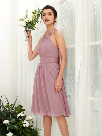 Carlyna Robe trapèze licou longueur genou mousseline froncé demoiselle d'honneur Mauve Vintage #couleur_mauve-vintage