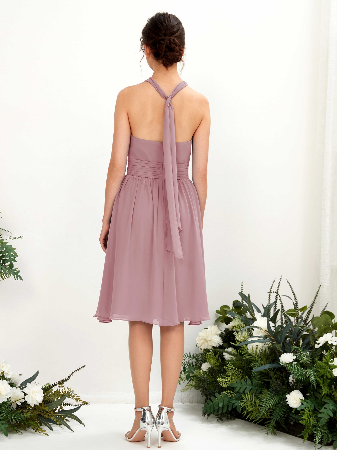 Carlyna Robe trapèze licou longueur genou mousseline froncé demoiselle d'honneur Mauve Vintage #couleur_mauve-vintage