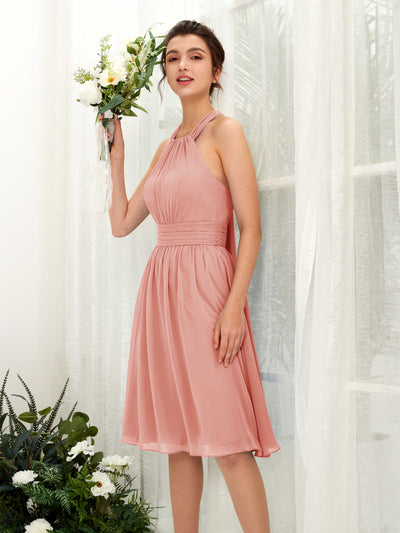 Carlyna Robe trapèze licou longueur genou mousseline froncé demoiselle d'honneur Rose Champagne #couleur_rose-champagne