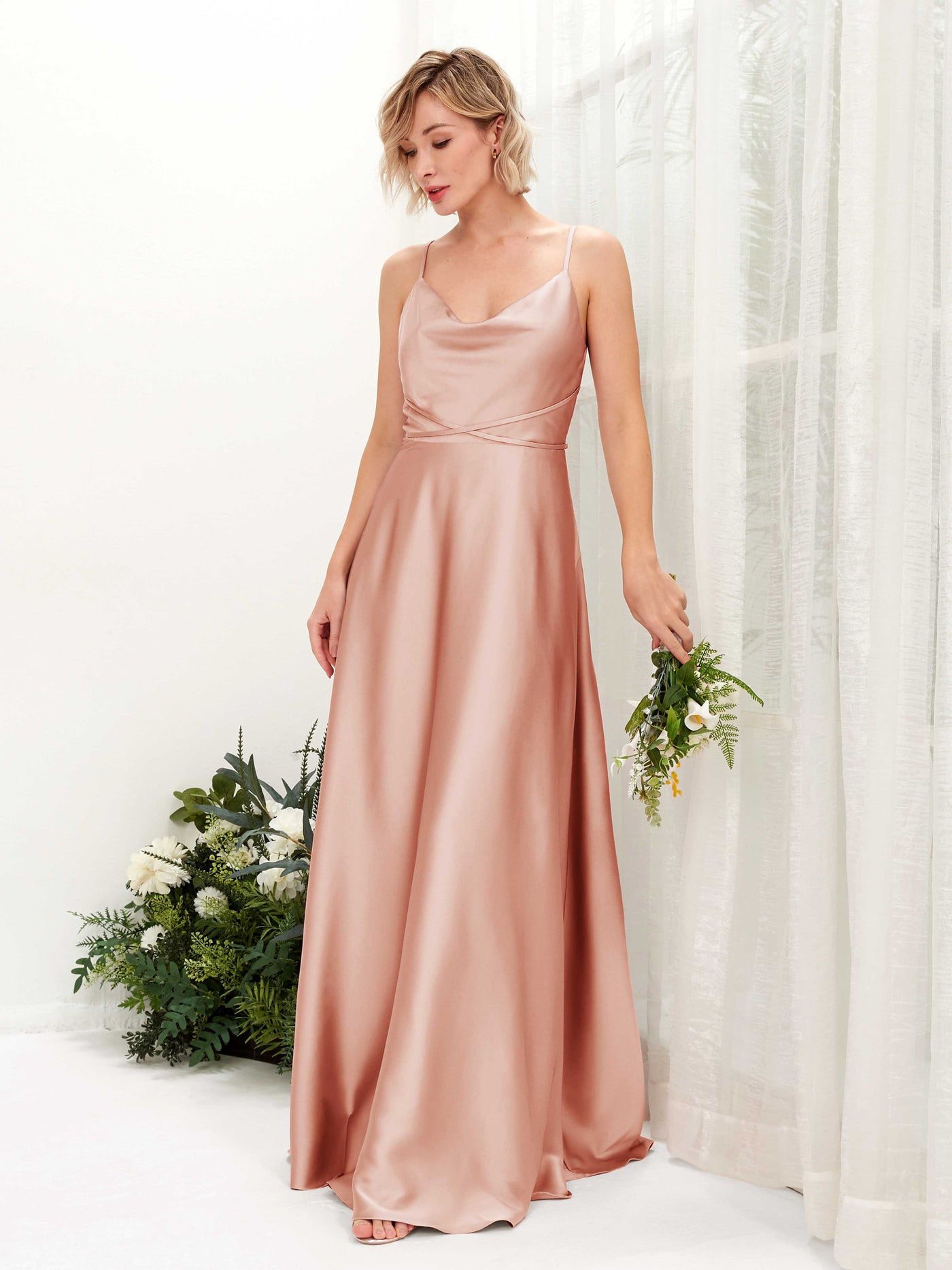 Carlyna Robe Trapèze Longueur Ras du Sol Col Bénitier Robes de Demoiselle d'honneur Cantaloup #couleur_cantaloup