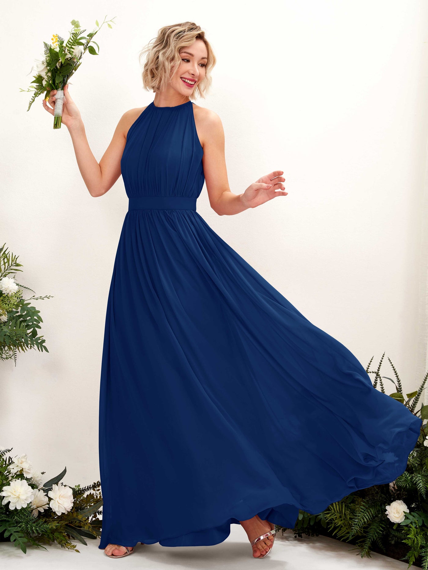 Carlyna Robe Trapèze Longueur ras du sol Col rond Mousseline Robes de demoiselle d'honneur Bleu Roi #couleur_bleu-roi