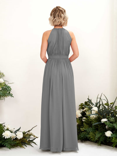 Carlyna Robe Trapèze Longueur ras du sol Col rond Mousseline Robes de demoiselle d'honneur Gris Acier #couleur_gris-acier