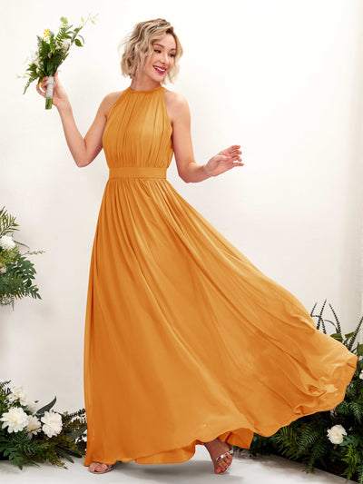 Carlyna Robe Trapèze Longueur ras du sol Col rond Mousseline Robes de demoiselle d'honneur Mangue #couleur_mangue