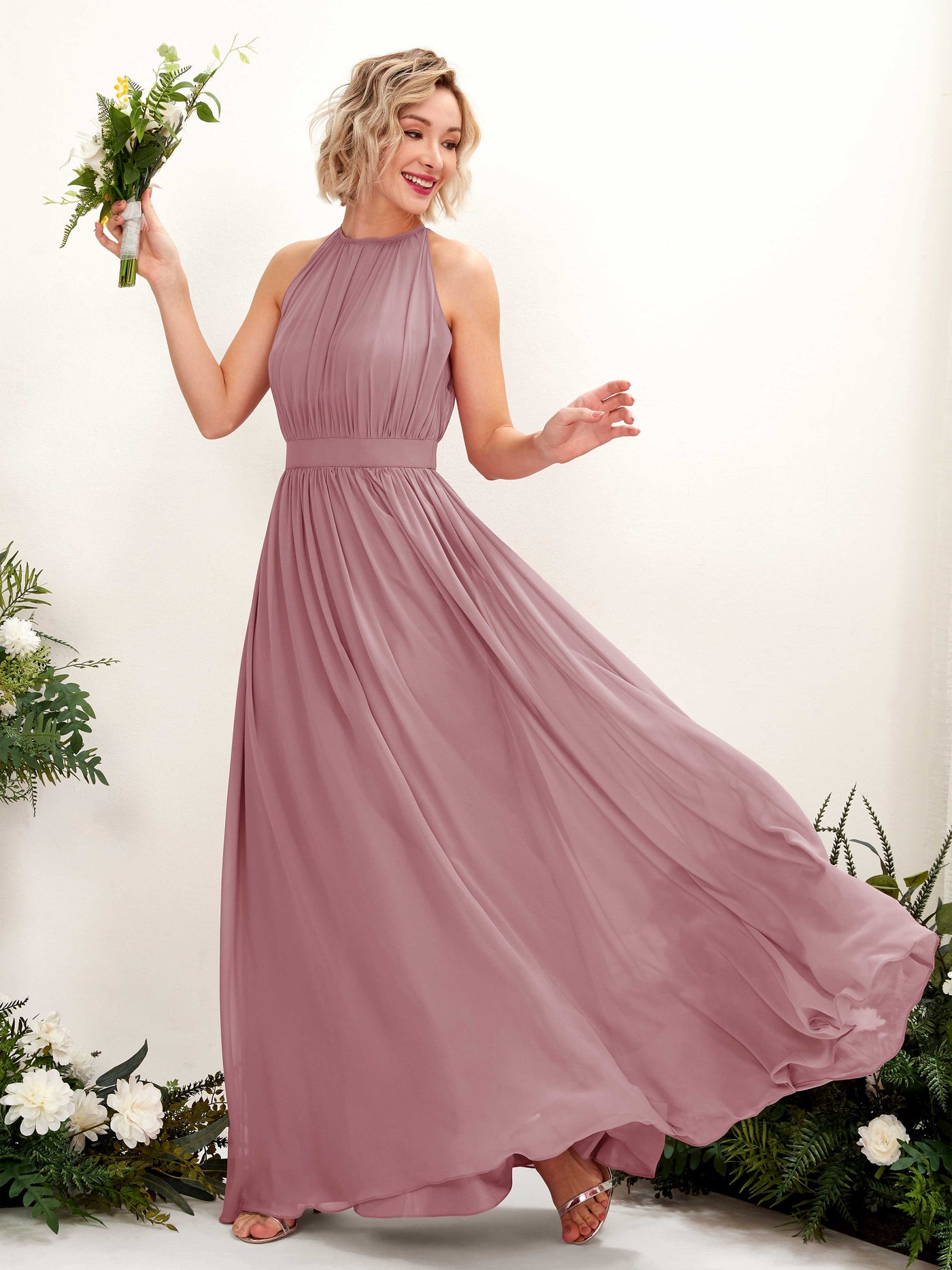 Carlyna Robe Trapèze Longueur ras du sol Col rond Mousseline Robes de demoiselle d'honneur Mauve Vintage #couleur_mauve-vintage