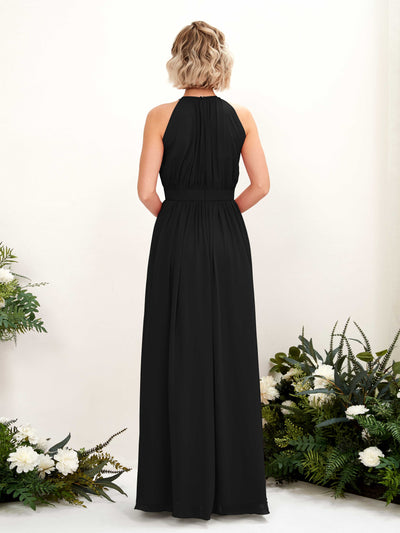 Carlyna Robe Trapèze Longueur ras du sol Col rond Mousseline Robes de demoiselle d'honneur Noir #couleur_noir