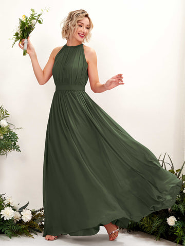 Carlyna Robe Trapèze Longueur ras du sol Col rond Mousseline Robes de demoiselle d'honneur Olive Martini #couleur_olive-martini