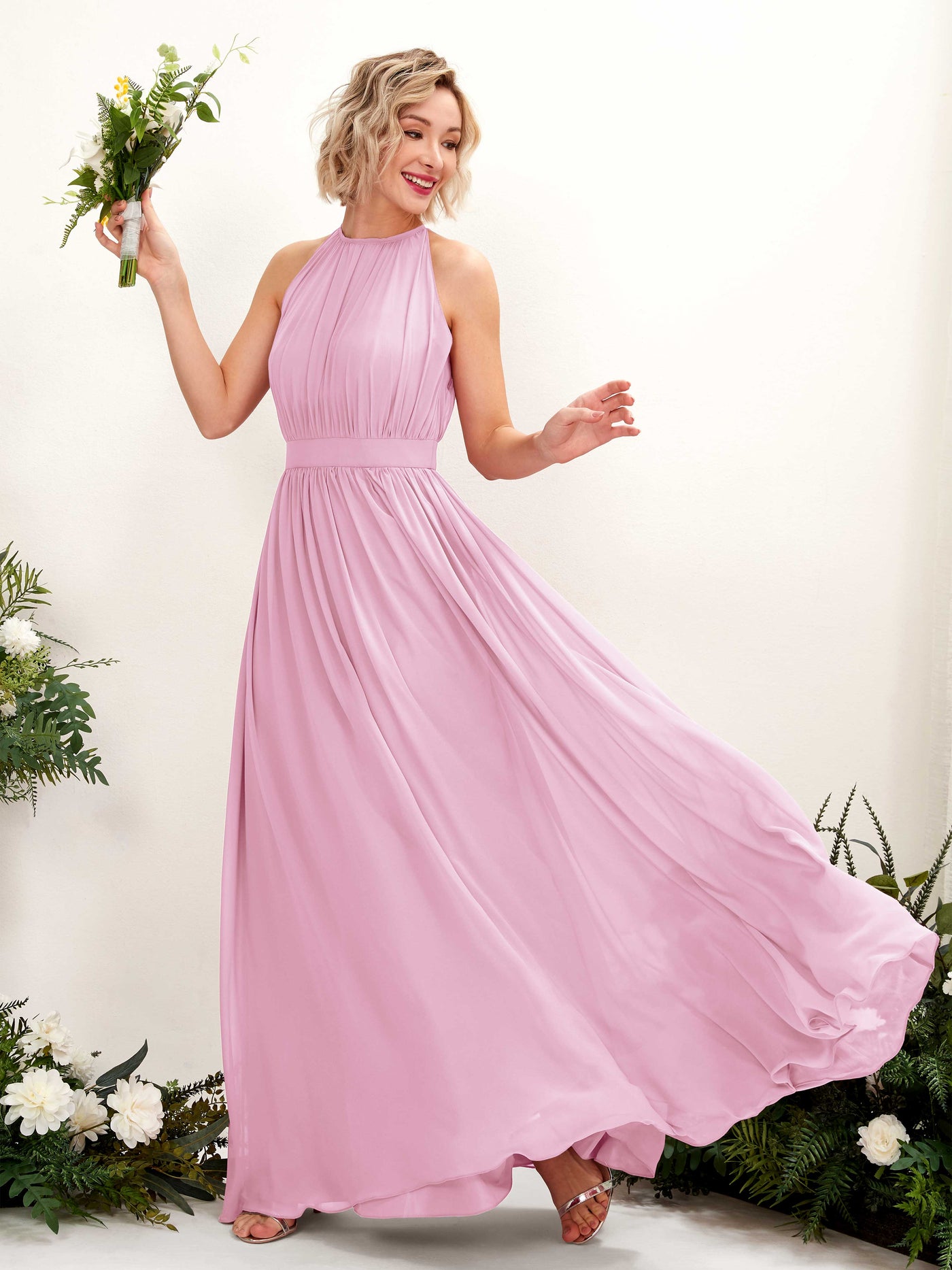 Carlyna Robe Trapèze Longueur ras du sol Col rond Mousseline Robes de demoiselle d'honneur Rose Bonbon #couleur_rose-bonbon