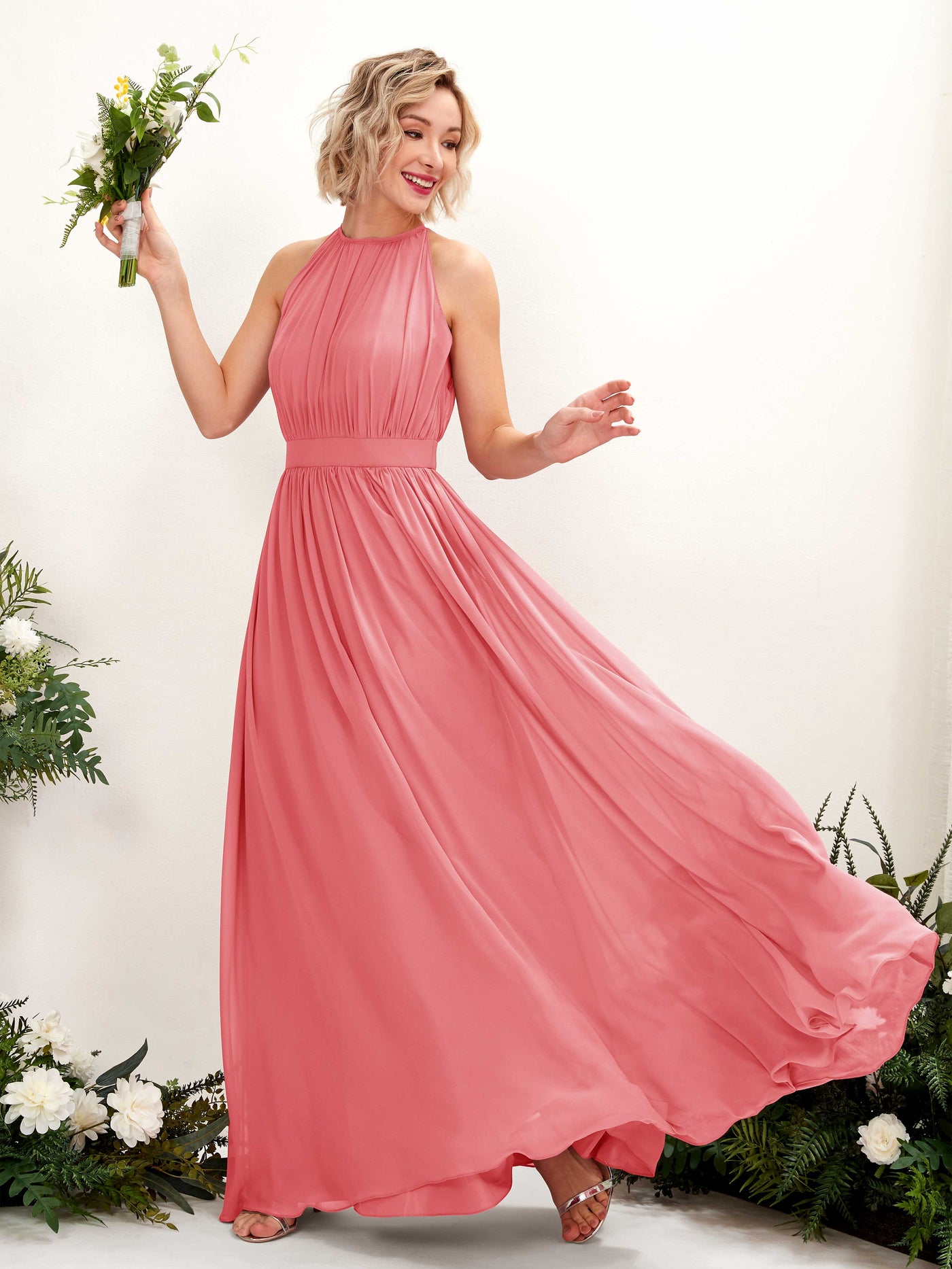 Carlyna Robe Trapèze Longueur ras du sol Col rond Mousseline Robes de demoiselle d'honneur Rose Corail #couleur_rose-corail